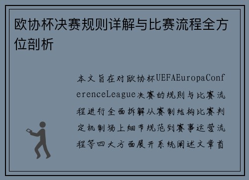 欧协杯决赛规则详解与比赛流程全方位剖析