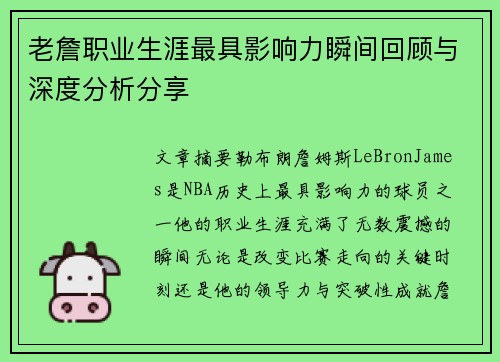 老詹职业生涯最具影响力瞬间回顾与深度分析分享