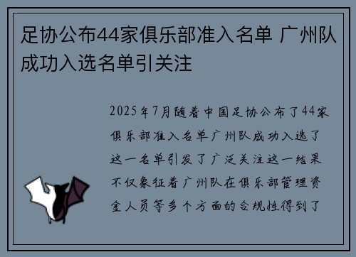 足协公布44家俱乐部准入名单 广州队成功入选名单引关注